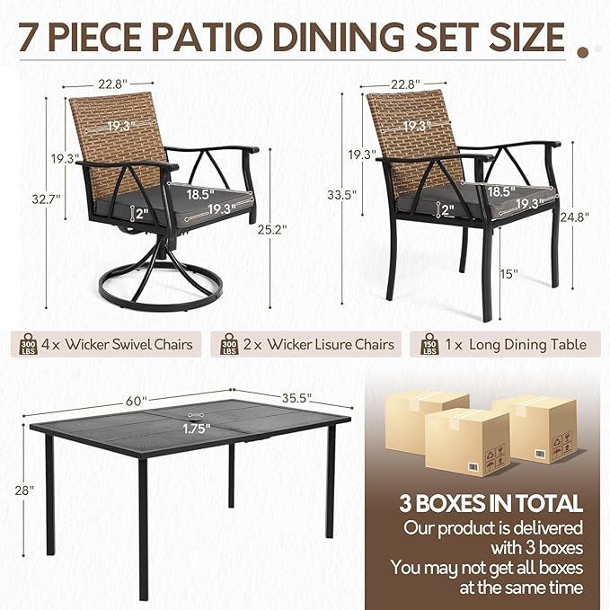 7-Piece Patio Dining Set for 6, Outdoor Dining Set with Wicker Swivel Patio Dining Chairs with Cushions & Black Rectangular Woodgrain Dining Table with 1.75”Umbrella Hole, Black & Brown