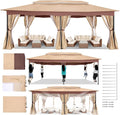 COBIZI Gazebo 12x20 Heavy Duty Gazebos with Curtain and Netting Outdoor Gazebo Canopy Double Roof Patio Gazebos with Metal Steel Frame for Patio, Deck, Backyard-Khaki