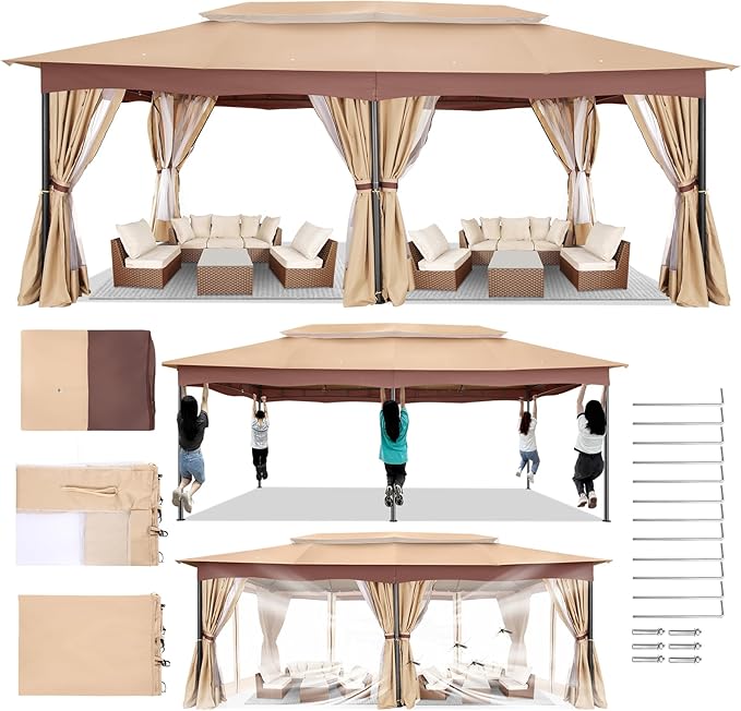 COBIZI Gazebo 12x20 Heavy Duty Gazebos with Curtain and Netting Outdoor Gazebo Canopy Double Roof Patio Gazebos with Metal Steel Frame for Patio, Deck, Backyard-Khaki
