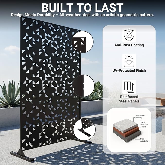 Metal Privacy Screen Outdoor 6FT – Laser-Cut Geometric Mosaic Decorative Steel Panel, Weather-Resistant Freestanding Rustproof Privacy Wall Divider for Patio, Garden, Deck & Balcony