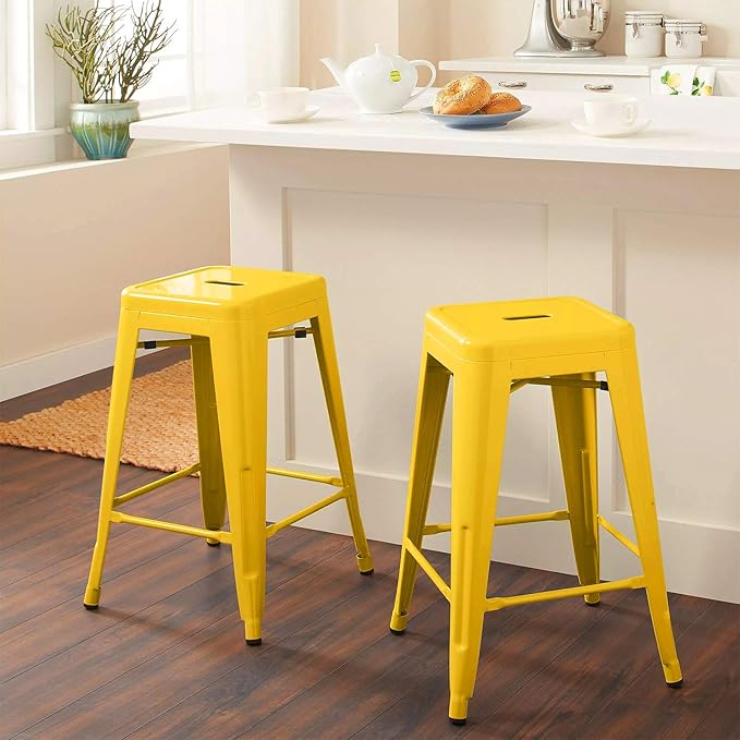 Devoko Metal Bar Stools 24" Indoor Outdoor Stackable Barstools Modern Style Industrial Vintage Counter Bar Stools Set of 4 (24 inch, Yellow)