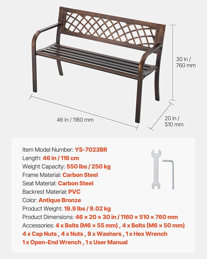 VEVOR Outdoor Bench, 46 inch, Carbon Steel Metal Frame with PVC Mesh Pattern Backrest and Round Edge Armrests, Weatherproof Outside Bench for Patio, Garden, Park, Yard, Front Porch, Antique Bronze