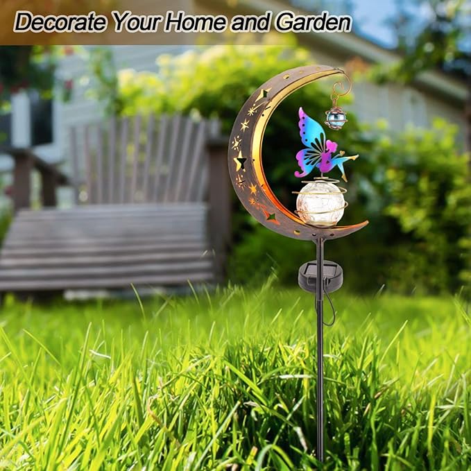 Solar Fairy Garden Light Decor, Moon Fairy Stake Lights, Crackle Glass Globe with Color Angel Decor, Outdoor LED Pathway Lights Waterproof for Walkway, Yard, Lawn, Patio or Courtyard