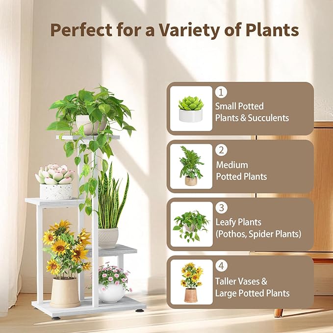 LASZOLA White 4 Tiered Wood Plant Stand Indoor for Large Heavy Duty Planter, Sturdy Multi Level Corner Vertical Flower Rack for Narrow House, Rustic Tall Orchid Shelving Holder for Decor, Space Saving