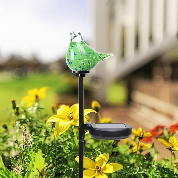 Bshine Solar Garden Decoration Outdoor Green Bird Lights, 2 Pack Hand Blown Glass Bird Waterproof Solar Light Stake Hummingbird Decorate Paths, Pathways, Lawns and Yards Art for Mom