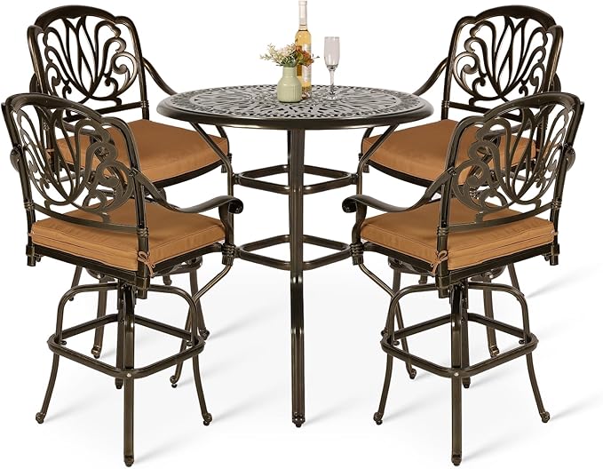 VIVIJASON 5-Piece Patio Swivel Bar Stools Set, All Weather Cast Aluminum Outdoor Bar Height Bistro Set with 4 Cushioned Bar Chairs & 35.4" High Bar Table w/Umbrella Hole for Backyard, Lawn, Garden