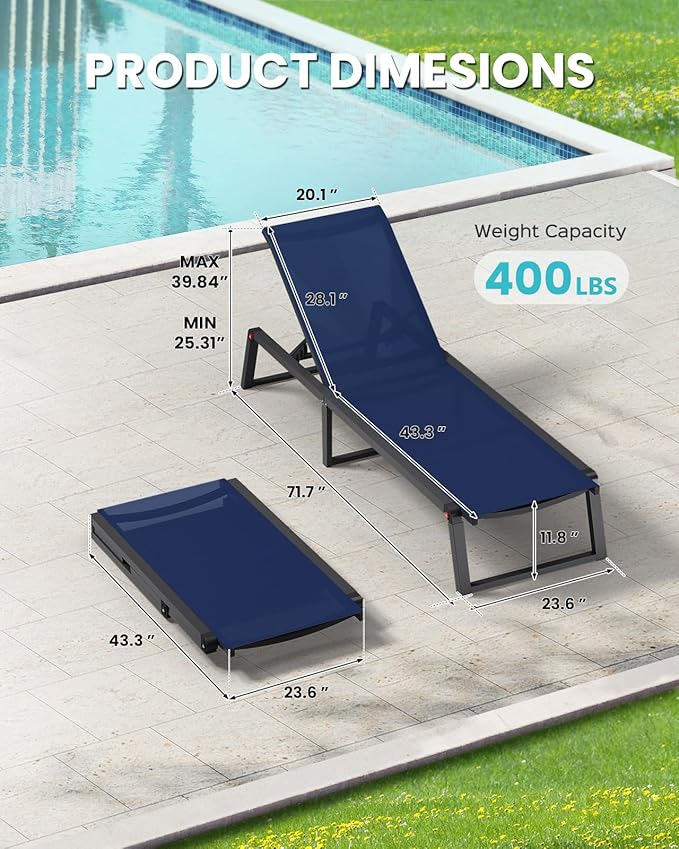 Aluminum Chaise Lounge Chair Outdoor, Foldable & Assembly Free Patio Pool Lounge Chairs 5-Position Recliner for Outside Poolside, Fully Grounded Legs Sun Lounger for Beach, Yard, Navy Blue