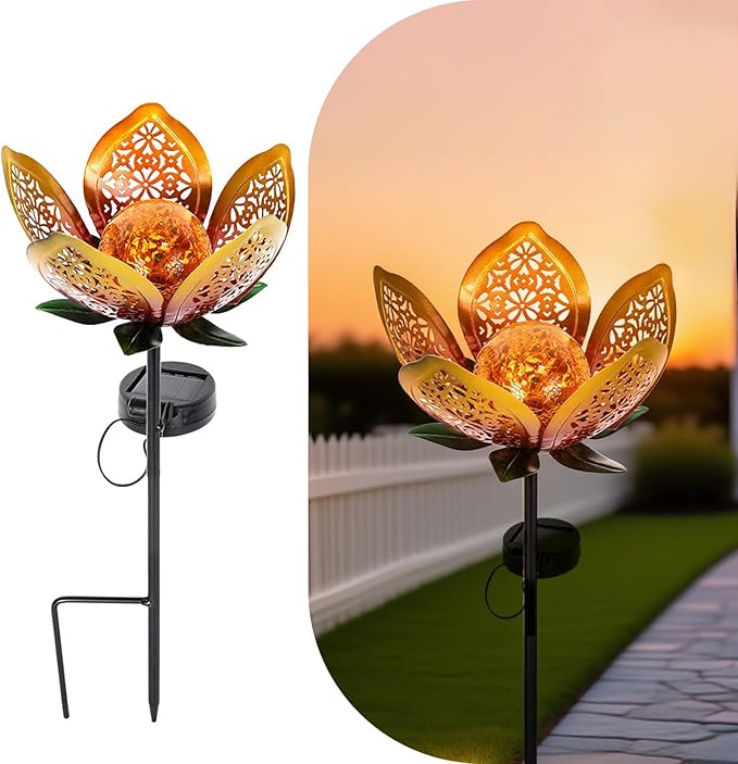 2Pack Solar Lights Outdoor Garden Decor,LED Lotus Flower Lamp, Metal Tulip Solar Lawn Lamp for Courtyard Decoration, Garden Gifts for Women