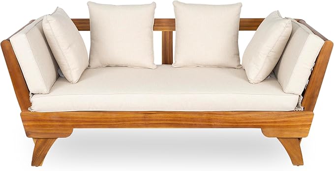 Christopher Knight Home Gary Patio Convertible Couch, Wooden Outdoor Daybed, 3-Seater Acacia Wood Patio Furniture Lounge Sofa for Backyard/Poolside/Garden, Back Pillow+Removable Cushion, Teak+ Beige