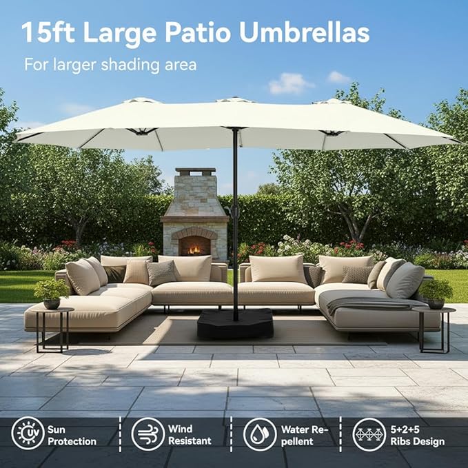 PHI VILLA 15ft Large Patio Umbrellas with Base Included, Outdoor Double-Sided Rectangle Market Umbrella with Stand, Outside Umbrellas for Poolside Lawn Backyard, Ivory