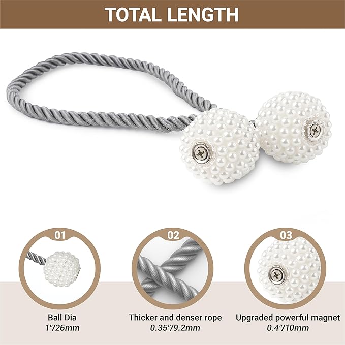Hion Magnetic Curtain Tiebacks Grey 2pcs, Curtain Tiebacks Buckles Holdbacks Holders Hooks Clip for Home Bedroom Office Decorative Curtain