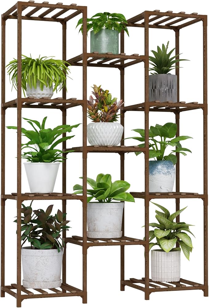 Bamworld Plant Stand Indoor Outdoor Tall Plants Shelf for Multiple Plants Pots Wood Flower Stand Large 11 Pots Plant Holder for Living Room, Patio, Balcony, Garden