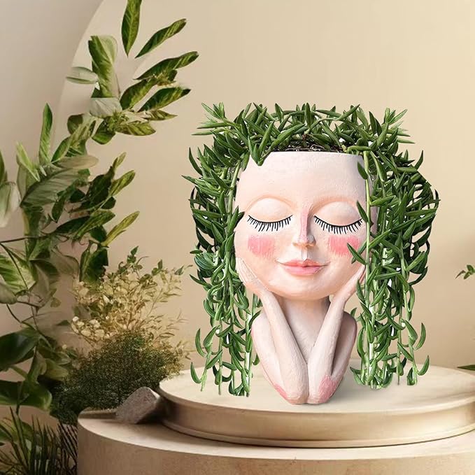 Head Planter Pot for Plants - Face Flower Pots Indoor Outdoor, Cute Succulent Head Planter, Creative Plant Pots With Drainage, Resin Cactus Planter Coffee Table Decor, Women/Mother Vase Gifts Ideas