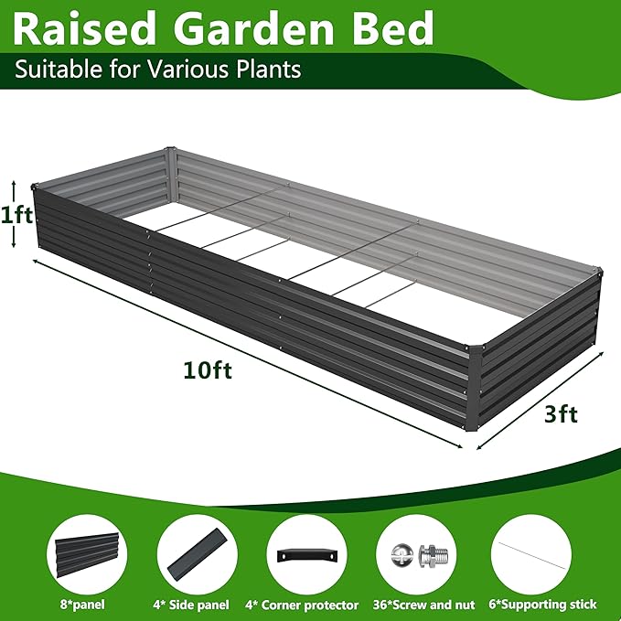 2PCS 10x3x1ft Galvanized Raised Garden Bed Kit, Galvanized Planter Raised Garden Boxes Outdoor, Large Metal Raised Garden Beds for Vegetables,Black