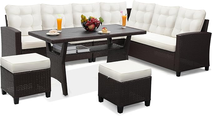 KROFEM6-Piece Patio Furniture Set, Outdoor Sectional Sofa with Dining Table & Chairs, All-Weather Dining Set with Removable Cushion Covers, Ideal for Garden, Porch, Backyard, White