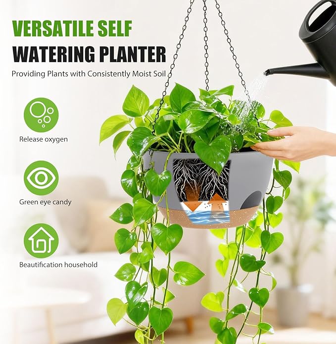 8 Inch Hanging Planters for Indoor Outdoor Plants, 4 Pack Plastic Self Watering Hanging Baskets with Drainage Holes and Chain for Garden Porch