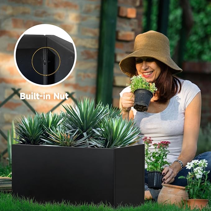 Steel Planter 36" x 12" x 16" Metal Rectangle Outdoor Planter Black Powder Coated Flower Box Metallic Heavy Pot Indoor & Outdoor, Commercial & Residential (L36 x W12 x D16, Black)