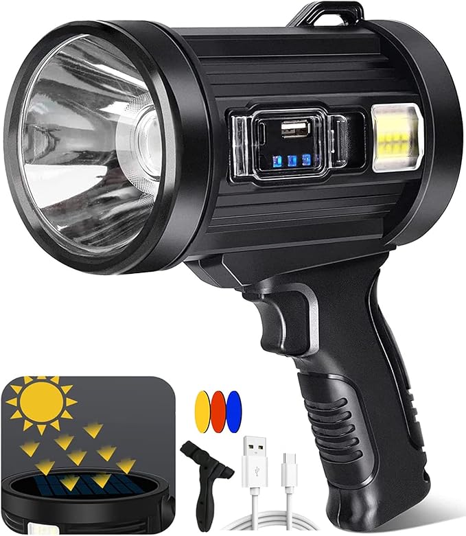 Spotlight 1000000 Lumens, 6 Modes Led Rechargeable Spotlight Flashlight As Seen on TV with Tripod, 3 Color Filters, Super Bright Solar Spot Lights Outdoor Handheld for Hunting, Boating, Large