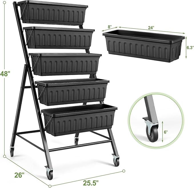 Suyncll Vertical Raised Garden Bed Planter Box, 5 Tiers Vertical Garden Planter with Drainage System and 4 Hooks for Plants Vegetables Flowers (Black with Wheels)