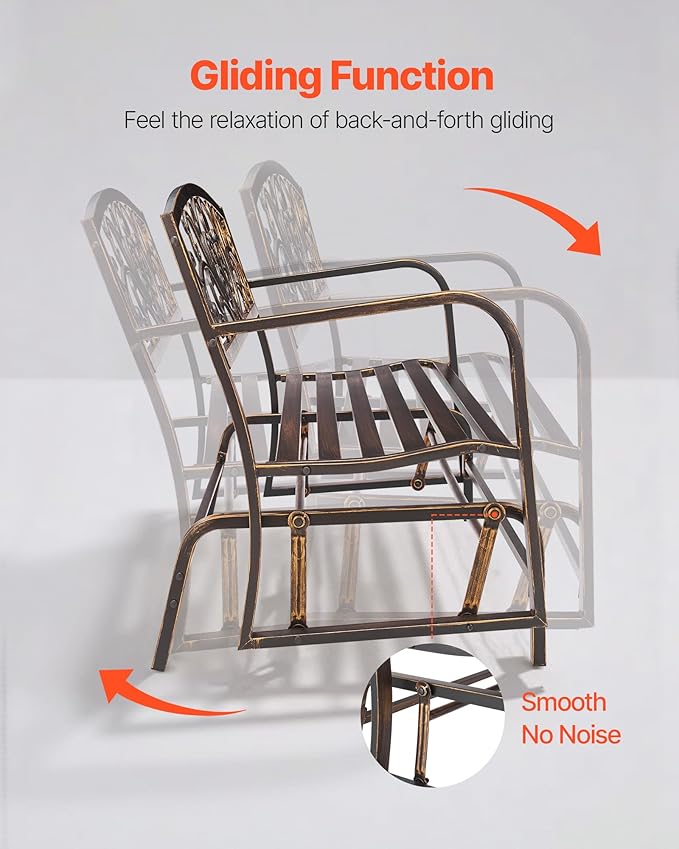 VEVOR Outdoor Bench, 50 inch, Carbon Steel Metal Frame with Cast Iron Backrest and Round Edge Armrests, Weatherproof Outside Glider Bench for Patio, Garden, Park, Yard, Front Porch, Antique Bronze