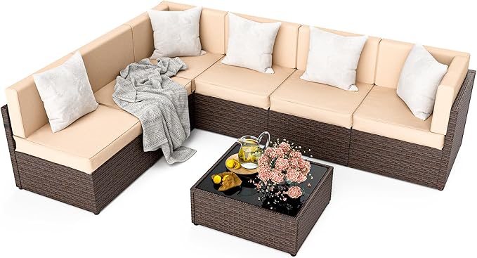 Pamapic Patio Furniture Set, 7 Pieces Modular Outdoor Sectional, Patio Sectional Sofa Conversation Set, Rattan Sofa with Coffee Table and Washable Cushions Covers (Brown Sugar)