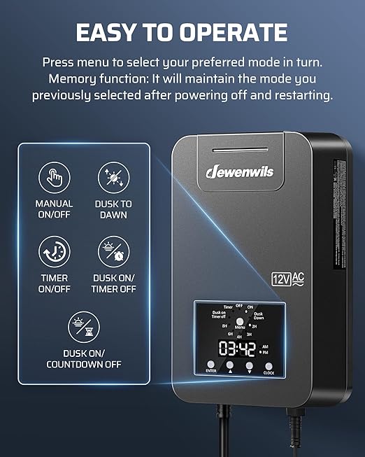DEWENWILS 200W Low Voltage Landscape Transformer with Photocell Sensor & Timer, 120V AC to 12V/14V AC, Weatherproof Outdoor Landscape Lighting Transformer for Garden Lights, Spotlights, Steplights