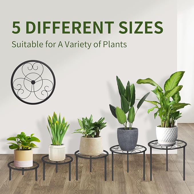 5-piece set of metal plant potted flower racks, heavy-duty flower pot plant racks of different sizes, iron flower racks, suitable for indoor and outdoor home decoration (Black) (5, Black)