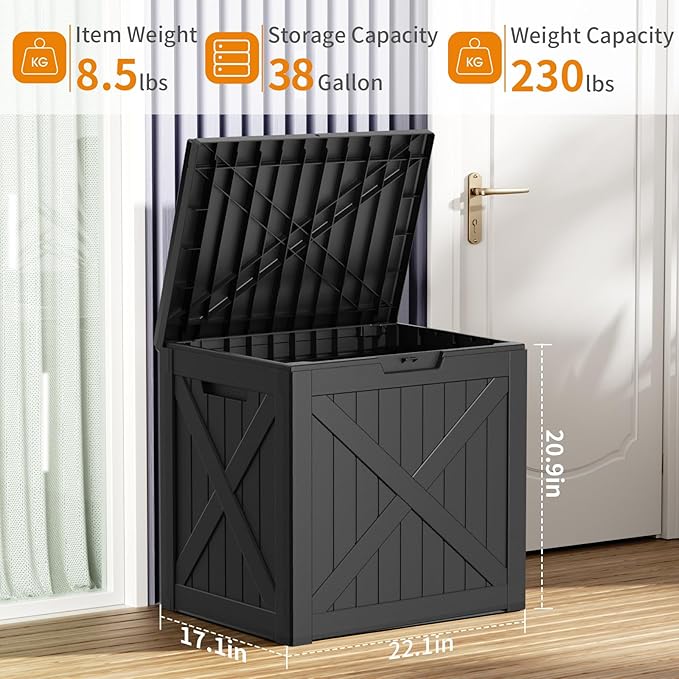 38 Gallon Outdoor Deck Box, Lockable Waterproof Outdoor Storage Boxes For Garden Tools,Indoor Cushions,Accessories Outside Storage Resin Weatherproof Container(Black)