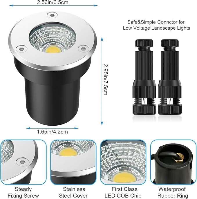 LED Landscape Lights, 12 Pack 7W Ground Lights With 24 Connectors, Low Voltage In-Ground Well Pathway Lighting, Daylight White, Waterproof for Driveway, Deck, Garden