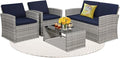4-Piece Patio Furniture Set, Wicker Outdoor Rattan Sectional Sofa with Cushions and Glass Table, All-Weather Outdoor Conversation Set, Ideal for Garden, Porch, Backyard, Navy