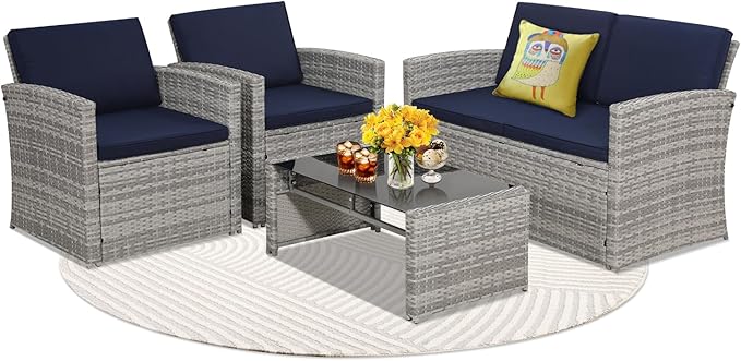 4-Piece Patio Furniture Set, Wicker Outdoor Rattan Sectional Sofa with Cushions and Glass Table, All-Weather Outdoor Conversation Set, Ideal for Garden, Porch, Backyard, Navy