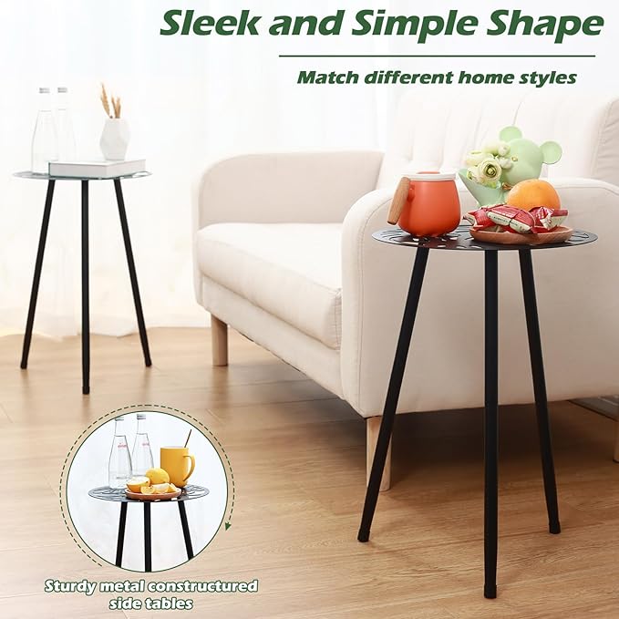 1 Pack Metal Outdoor Side Tables Small Outside Round End Table for Patio Modern Accent Garden Corner Table for Small Spaces, Balcony, Porch, Weather-Resistant, Plant Stand Indoor, Black