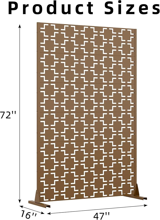 Casaphoria Metal Privacy Screen Outdoor, 72" H x 47" W Freestanding Decorative Privacy Screen for Patio Deck Balcony Garden with Stable Base, Brown-Square