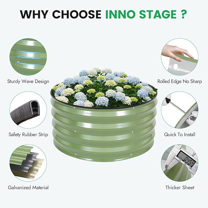 INNO STAG 3 Pcs Round Galvanized Raised Garden Bed — 2×2×1ft Planter Box Outdoor Raised Beds Kit for Gardening Vegetables, Fruits, Herbs, and Flowers, Olive Green