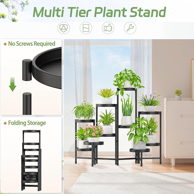 iDavosic.ly Plant Stand Indoor Outdoor, 10 Tier Corner Metal Flower Display Holder Shelf, Easy Assembly Folding Tall Orchid Rack for Patio Balcony Porch Garden Living Room House, Black