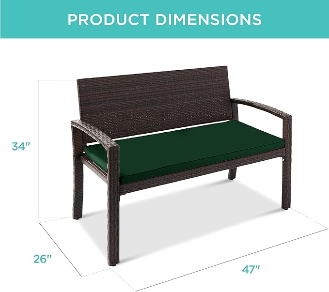 Best Choice Products Outdoor Bench 2-Person Wicker Garden Patio Benches Seating Furniture for Backyard, Porch w/Seat Cushion, 700lb Capacity - Midnight Green/Brown