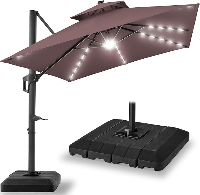Best Choice Products 10x10ft Cantilever Patio Umbrella w/Base Included, Solar LED Lights 360 Rotation Large Offset Hanging Outdoor Shade for Deck Pool Backyard w/Stand – Deep Taupe