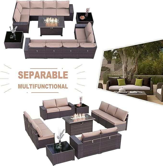 Kullavik 13 Pieces Outdoor Patio Furniture Set with 43" 55000BTU Gas Propane Fire Pit Table PE Wicker Rattan Sectional Sofa Patio Conversation Sets,Sand