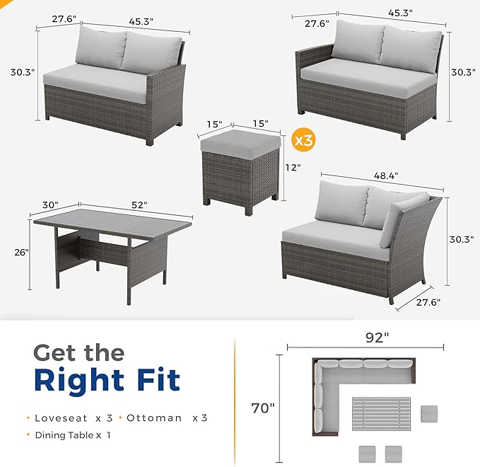 Wisteria Lane 7 Piece Patio Furniture Set, High Curved Back Wicker Patio Sectional, All Weather Outdoor Dining Set, Outdoor Furniture Patio Conversation Set with Ottoman, Ash Gray