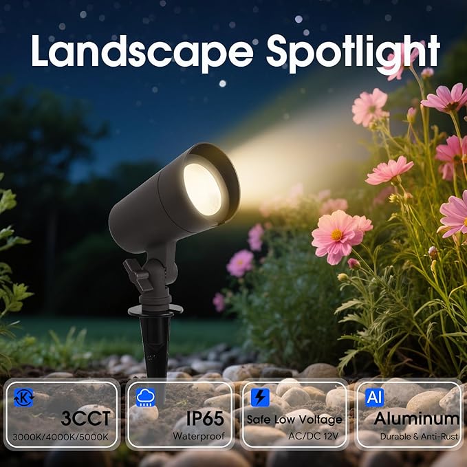3CCT LED Landscape Lights with Connectors, 12V Low Voltage, 3000K/4000K/5000K Selectable, 3W, 200LM, Outdoor Waterproof Garden Pathway Lights Wall Tree Flag Spotlights with Spike Stand, 4 Pack