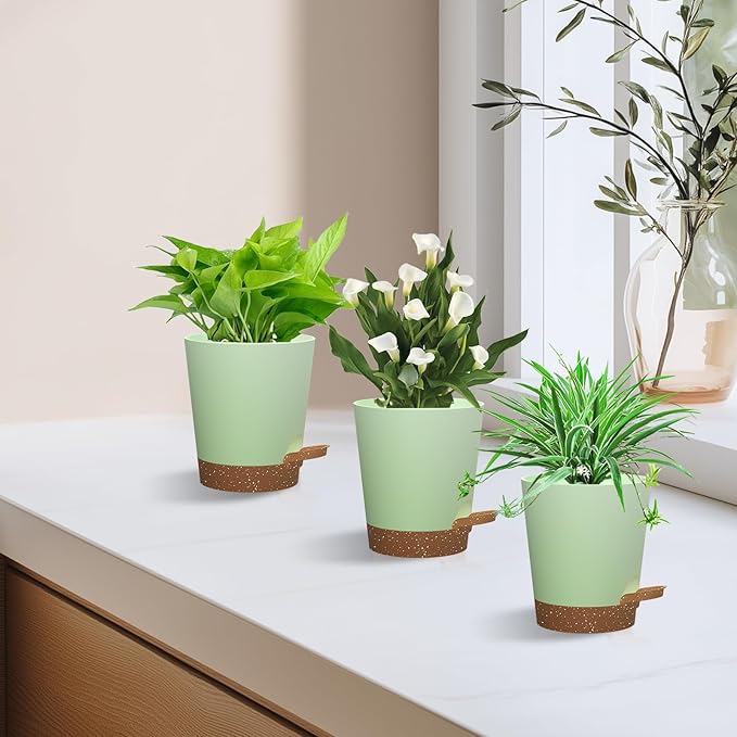 Self Watering Pots, 4 inch Flower Pots with Multi Mesh Drainage Holes, Small Platic Planters for Indoor Outdoor Garden Plants and Flowers (Green with Brown Tray, 4")