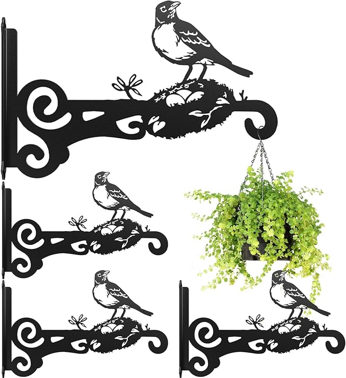 4-Pack Aesthetic Wall Plant Hanger Indoor and Outdoor – 10 Inch Metal Hanging Plant Bracket with Beautiful Bird Pattern – Heavy Duty Plant Hooks for Hanging Plants, Bird Feeder, Wind Chime, Lantern