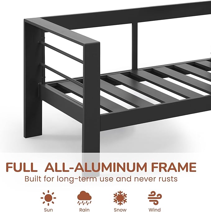 Solaste Aluminum Outdoor Couch, 3-Seat Metal Outdoor Sofa with Water-Resistant Cushion, Weather-Resistant Modern Patio Sofa, Black Frame Grey Cushion