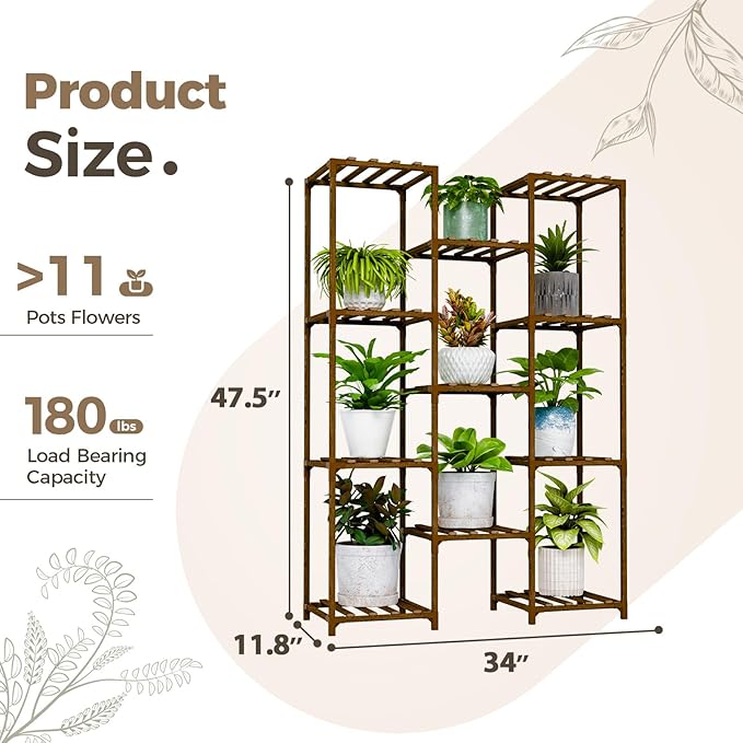 Bamworld Plant Stand Indoor Outdoor Tall Plants Shelf for Multiple Plants Pots Wood Flower Stand Large 11 Pots Plant Holder for Living Room, Patio, Balcony, Garden