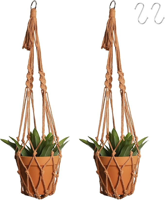 Artilady Macrame Hanging Planter for Indoor Plants, Boho Woven Plant Hanger Large Hanging Flower Pot Holders Outdoor Baskets Storage No Tassels Brown Wall Decor (Latte Brown-2pcs)