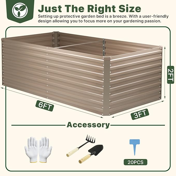DTIG Galvanized Raised Garden Bed for Vegetables Flowers Herbs, Tall Metal Raised Garden Bed Kit with Garden Tools, Gloves, Plant Labels, Brown 6×3×2FT