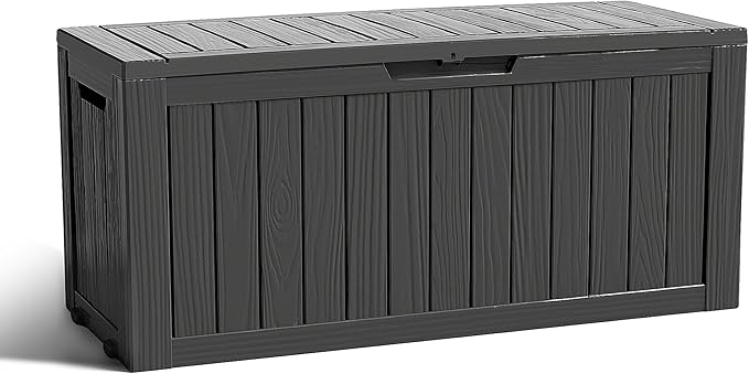 ROJIK Outdoor Storage Housing Deck Box - Waterproof Patio Furniture, Garden Tools, Cushions, Pool Accessories Storage Bench with Lockable Lid and Side Handles (Black 76 Gal)