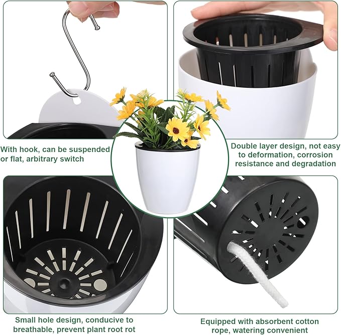 Amyhill 16 Pcs 5'' and 4.33'' Self Watering Hanging Planter for Indoor Plants Wall Planter with Hook and Absorbent Cotton Rope Wall Plant Holder Wall Mounted Planters White Flower Pots for Garden
