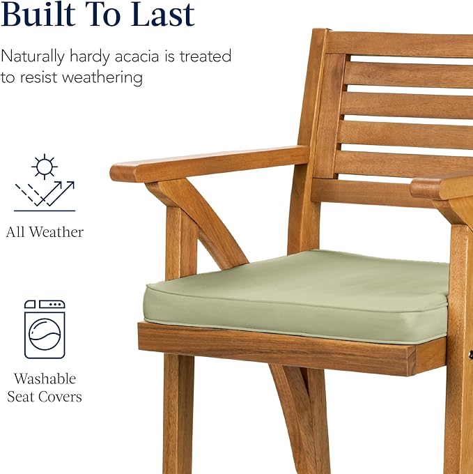 Best Choice Products Set of 2 Outdoor Acacia Wood Bar Stools Bar Chairs for Patio, Pool, Garden w/Weather-Resistant Cushions - Sage