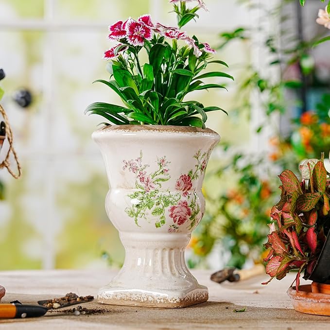 Sungmor Small Ceramic Urn Planter - Pink Scroll Floral Pedestal Flower Pot, Decorative Vintage Chinoiserie Style Planters, Tuscan Accent Vase Indoor Outdoor Plant Holder with Drainage